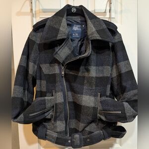 American Eagle Y2K Moto Jacket Zip Plaid Blue